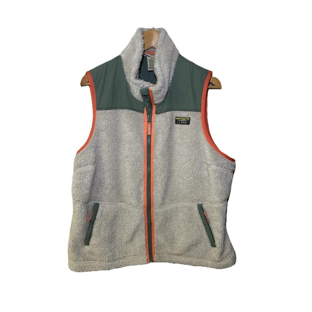 LLBean Sz 1X Fleece Vest Women Bean’s Sherpa Zip Up Green Coral Trim Pockets